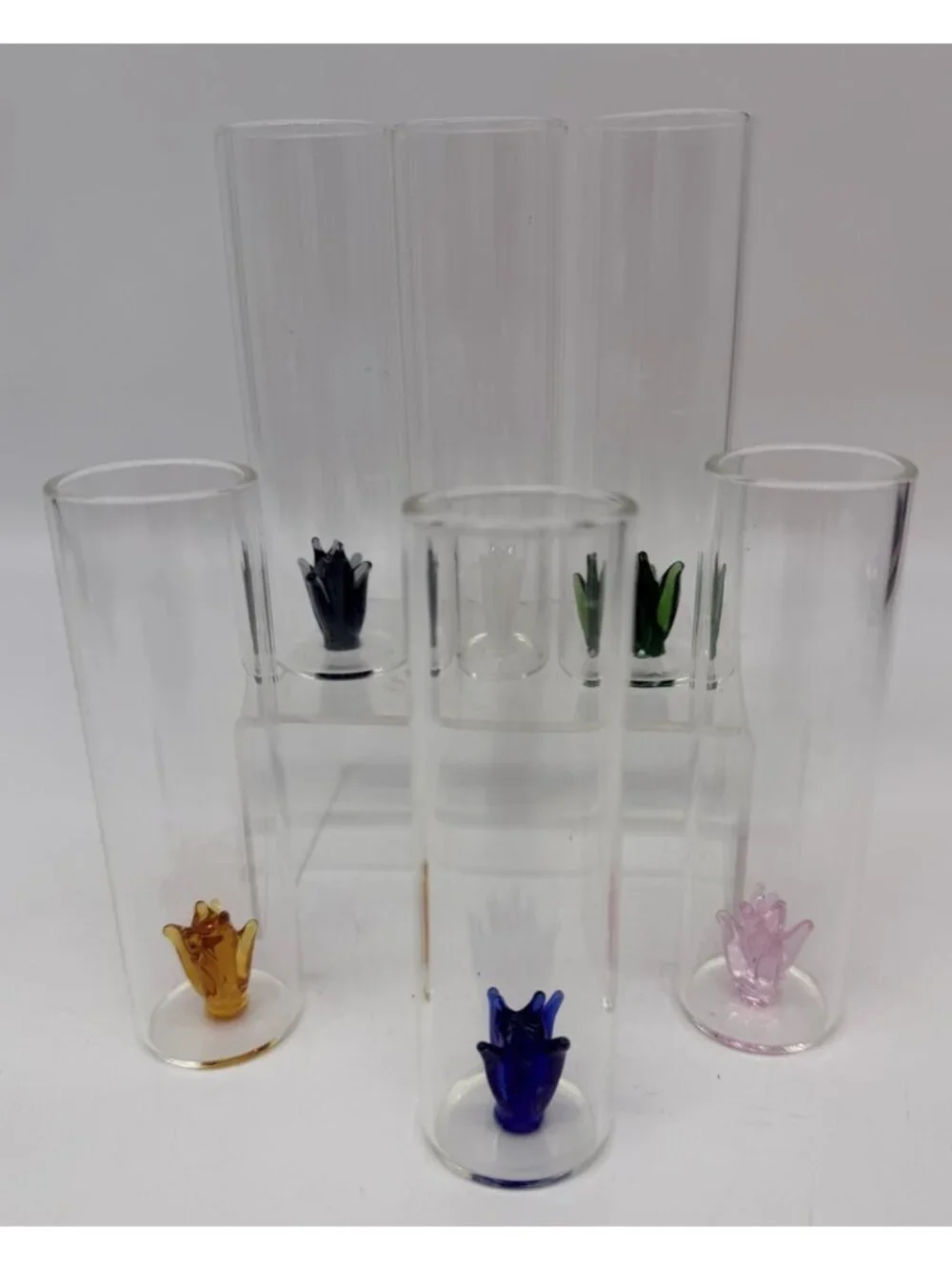 Tall Hand-blown Mexican Shot Glasses Set Of 6 Colorful Inside Glass Agave Cactus